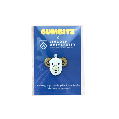 Gumbitz x Lincoln University badge packaging with a ram design on a blue background
